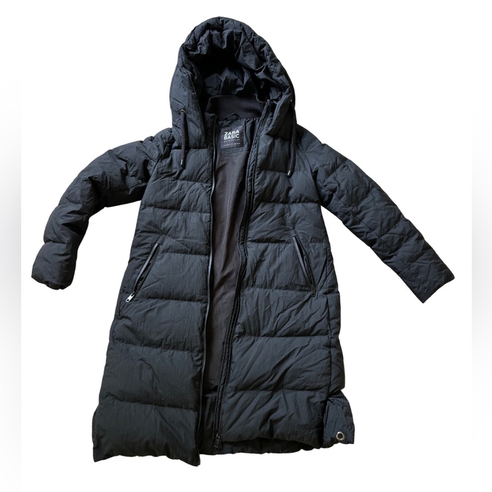Zara Women’s Black Hooded Puffer Down Coat - Size Medium - Double Zipper